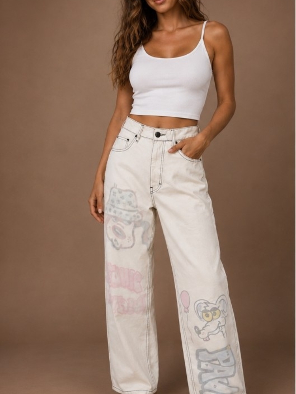 Bershka Off-White Wide Leg Jeans with Pastel Graphic Prints